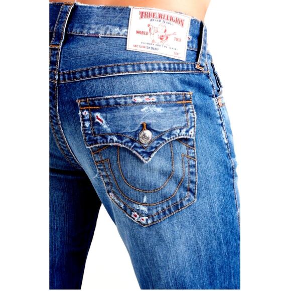 True Religion Skinny Flap Orange Stitch Jeans Mens 33 X 33 Red Distressed Thrash - Picture 1 of 16